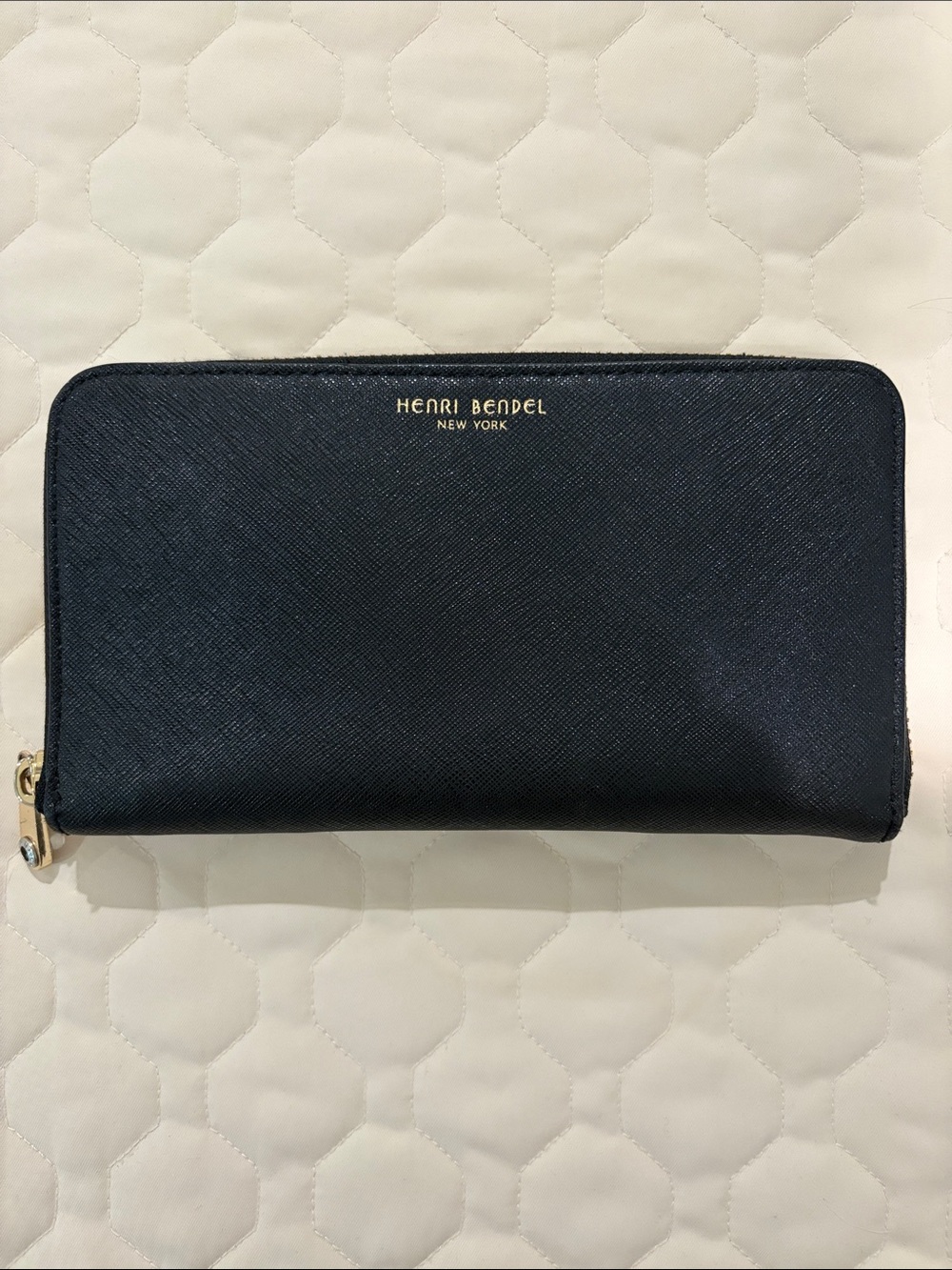 Henri Bendel Black Saffiano Zip Wallet with Gold Logo